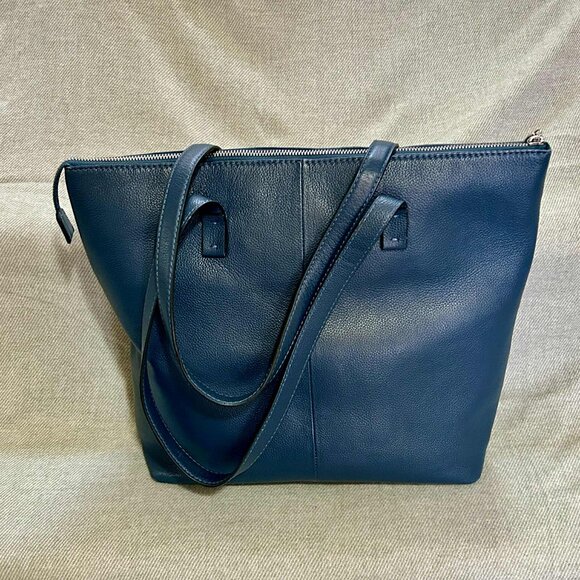 Tahari Blue Pebble Leather Zipped Tote Shoulder Bag - Picture 2 of 7